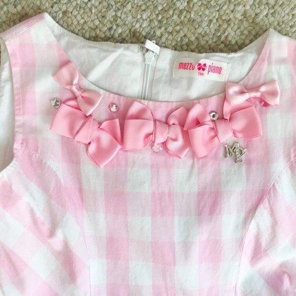 Mezzo Piano Japan Brand Girls Pink White Plaid Bow Flared Dress 130 6 7 8 - Picture 8 of 8